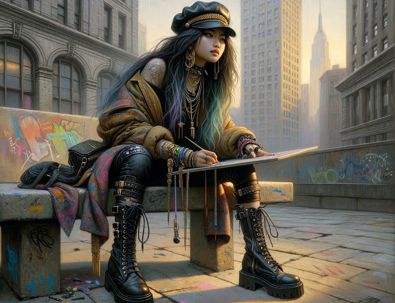 Young Woman Sketching in Vibrant Urban Setting