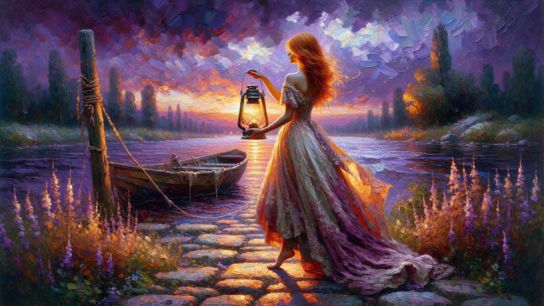 Serene Sunset Along a Tranquil River with Lantern