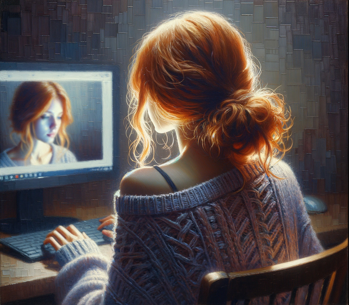 Young woman at desk in softly lit room with computer