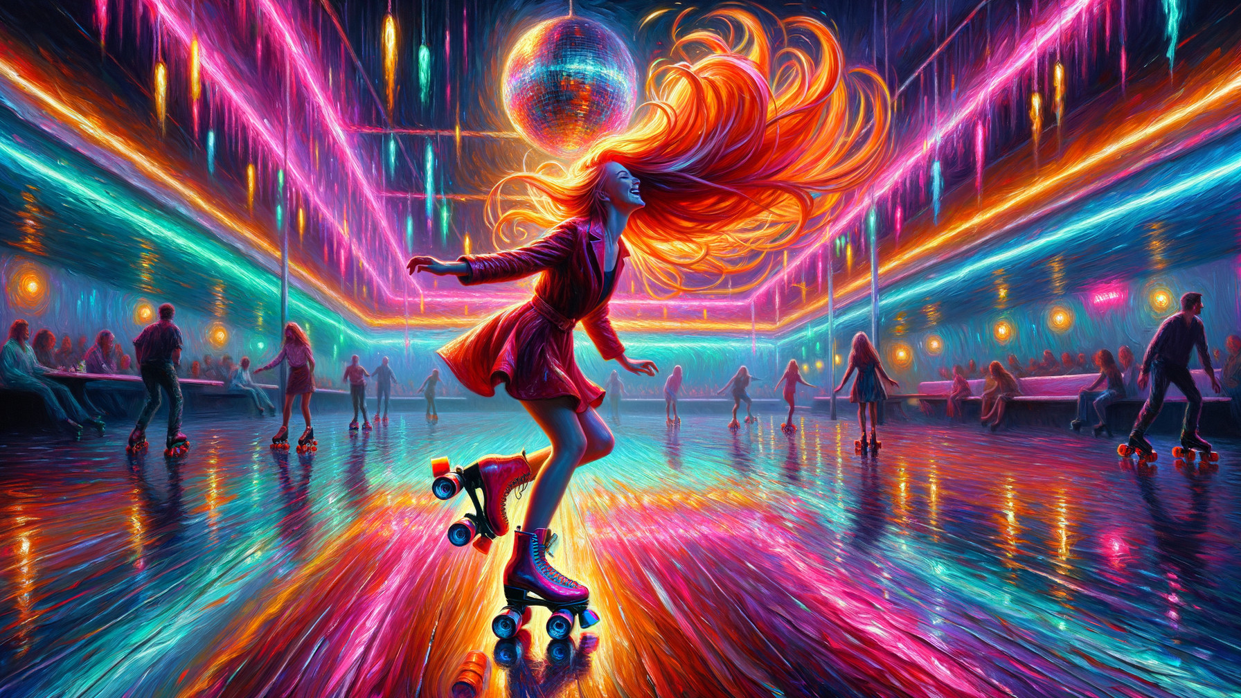 Vibrant Roller Disco Scene with Neon Lights and Skaters