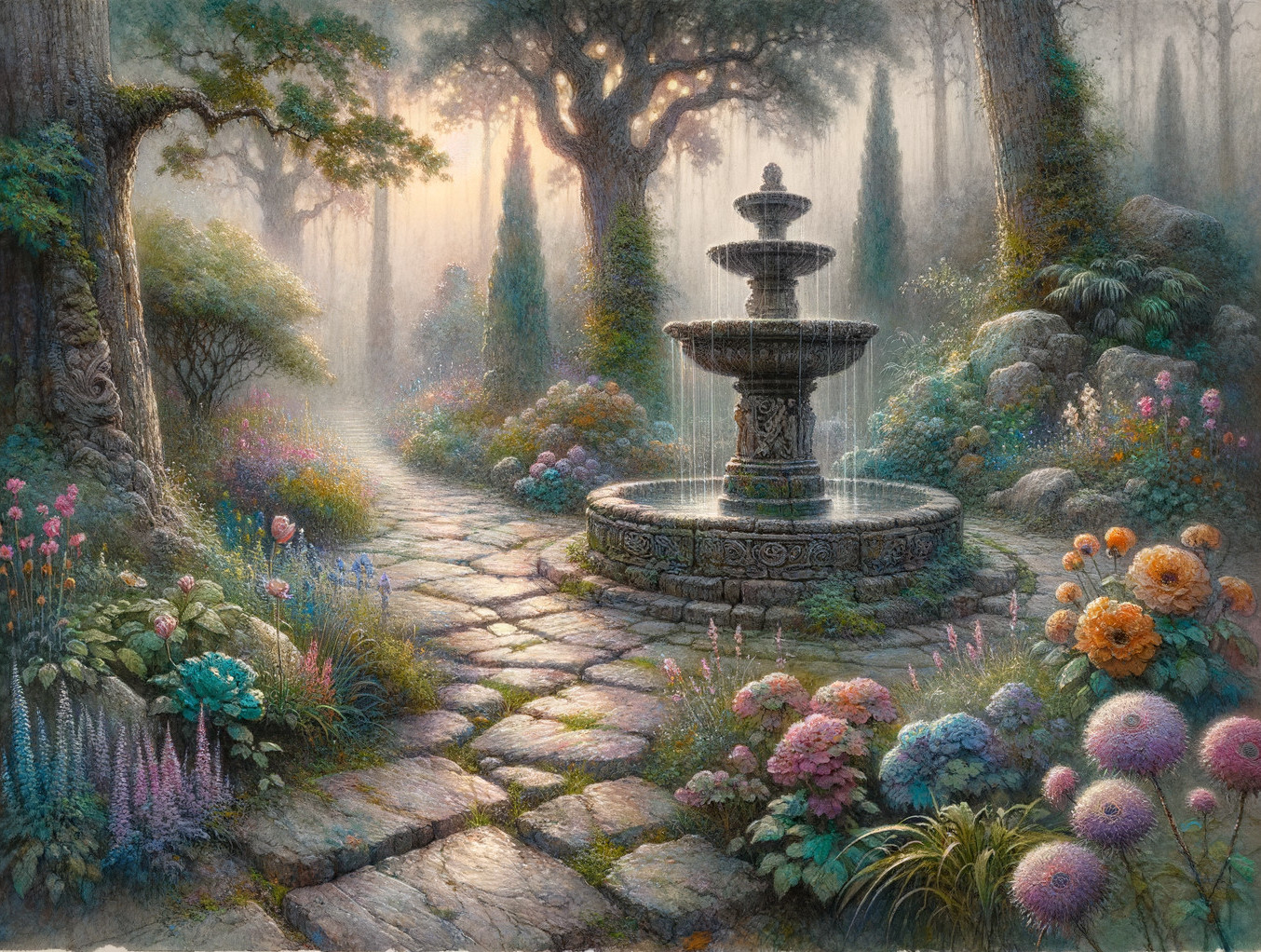 Tranquil Garden with Stone Fountain and Vibrant Flowers