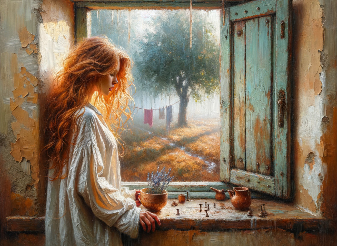 Woman with Red Hair in Rustic Window Scene