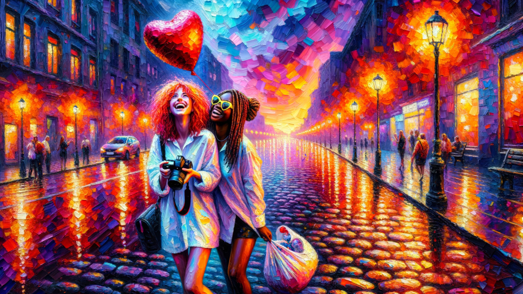 Joyful Women Strolling on Colorful Cobblestone Street