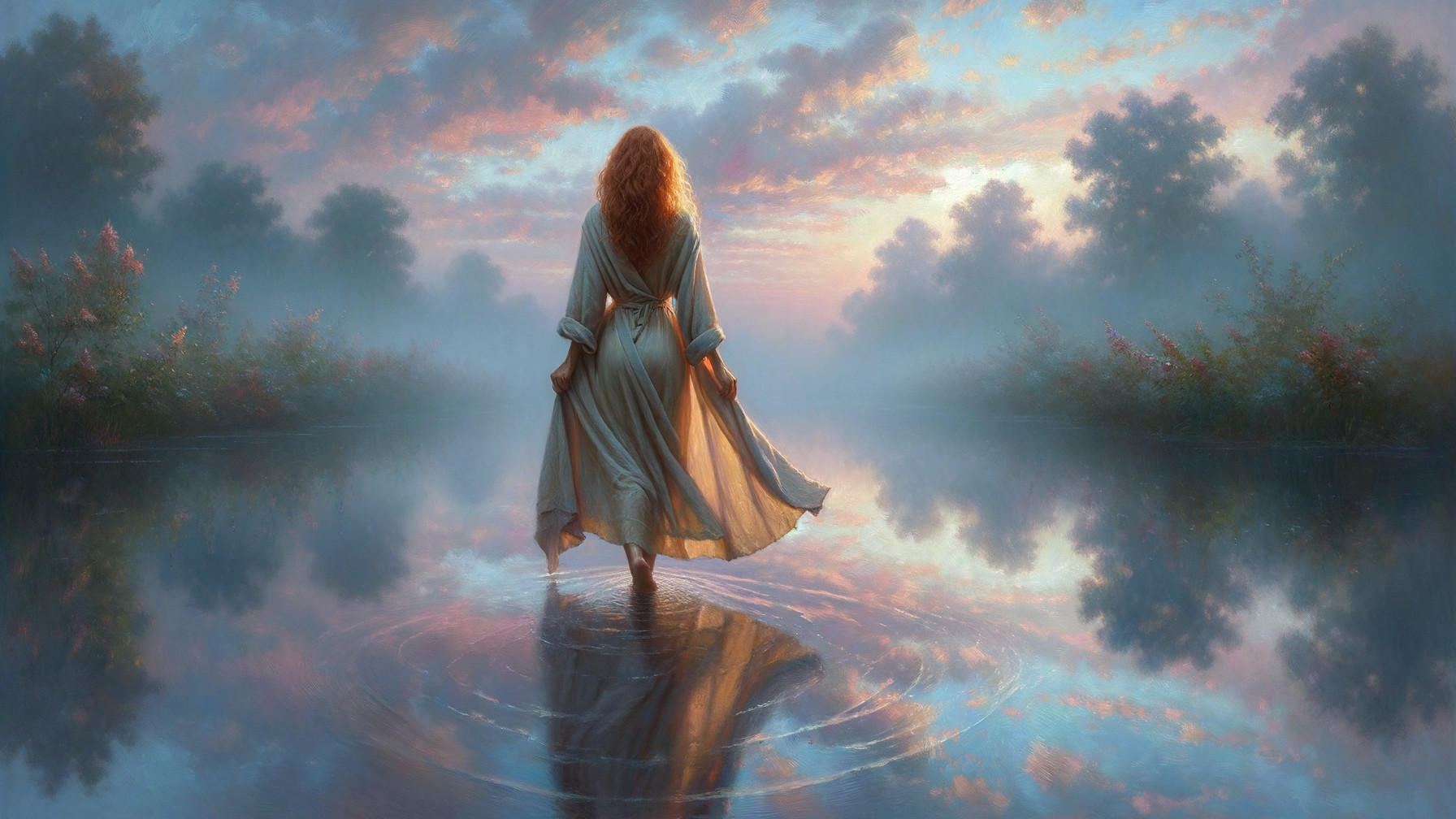 Woman in flowing gown by tranquil river at dawn