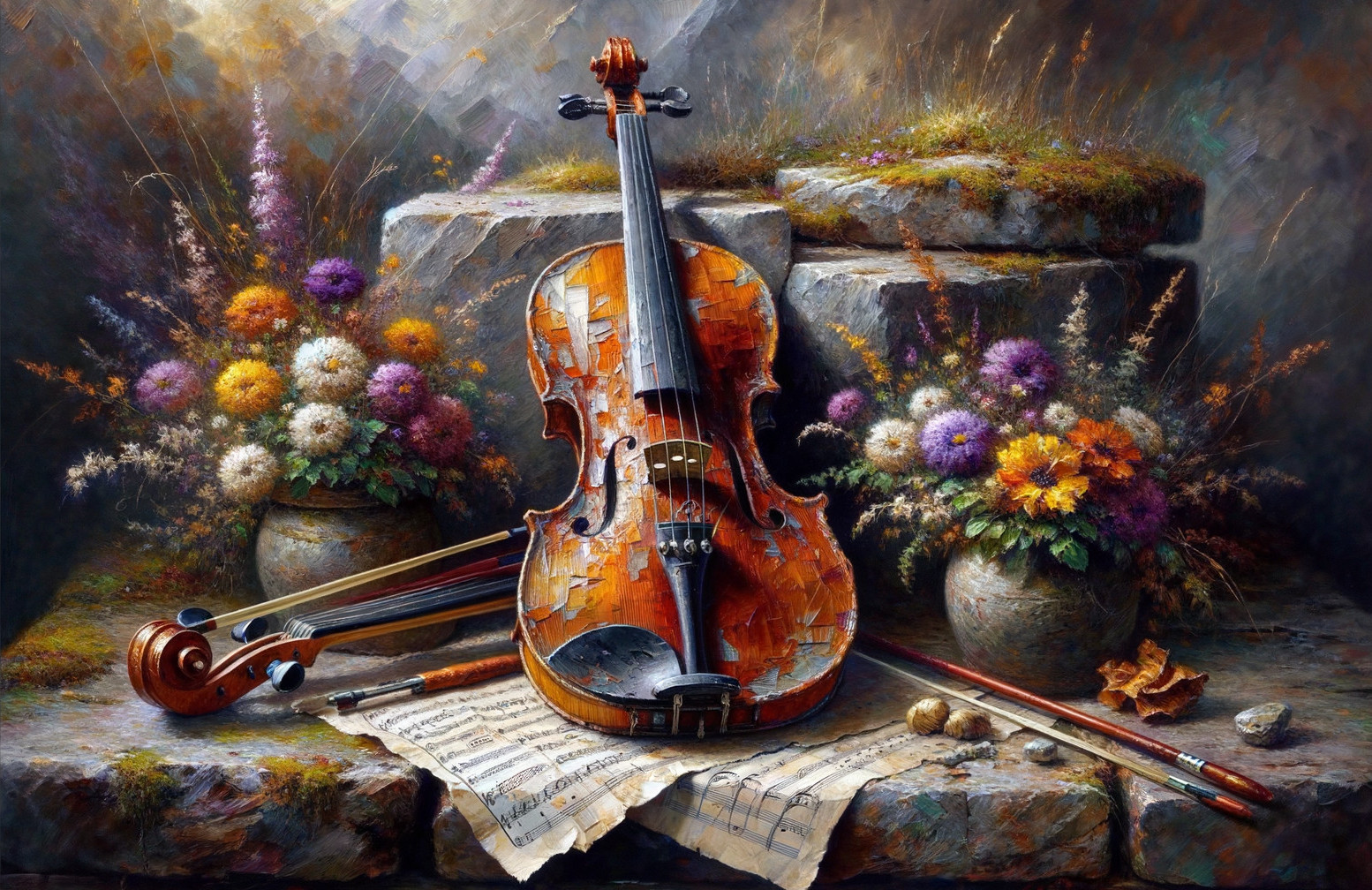 Violin Surrounded by Wildflowers and Rustic Decor