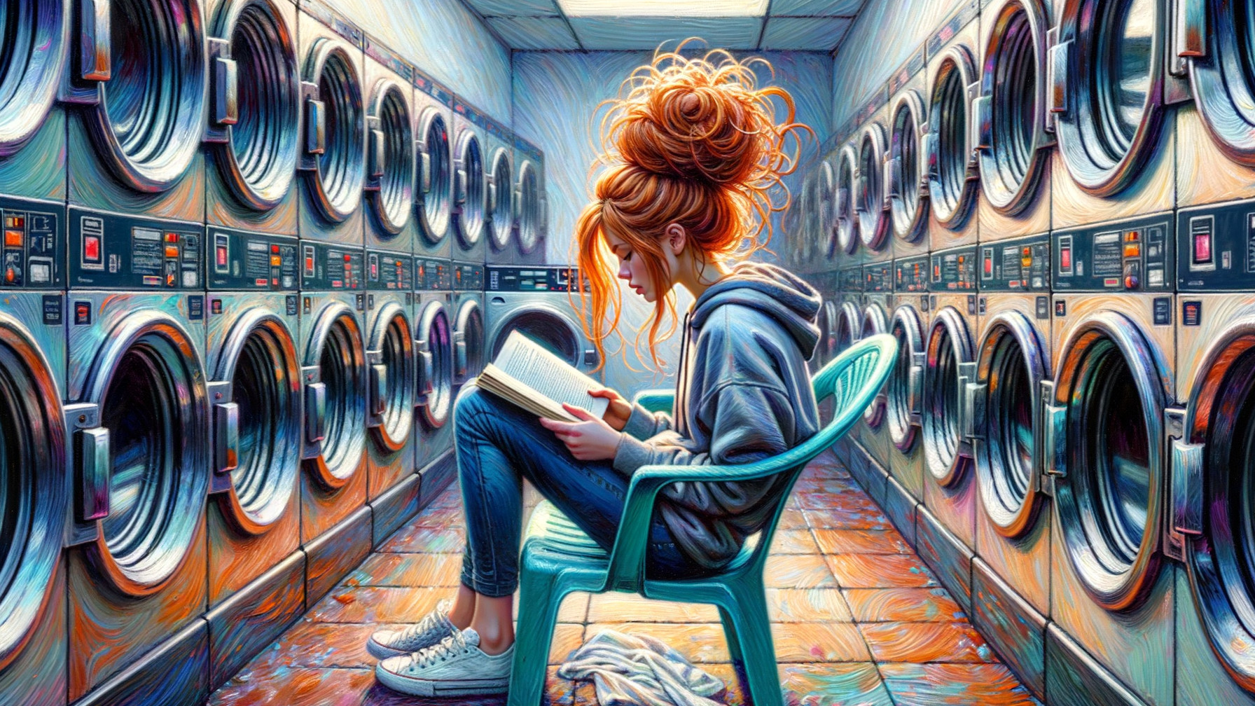 Young Woman Reading in a Bright Laundromat Setting