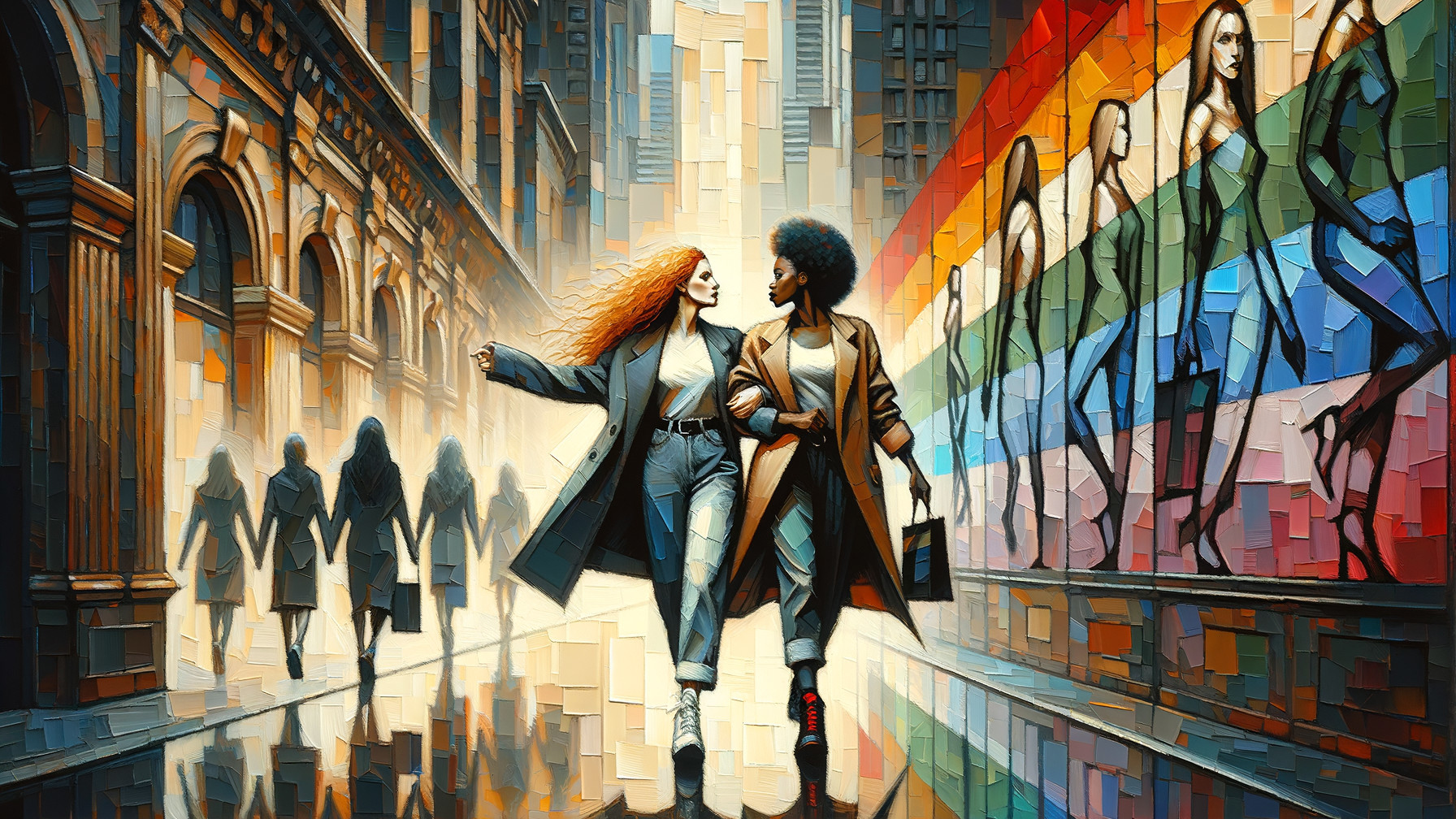 Women Walking Arm-in-Arm on City Street