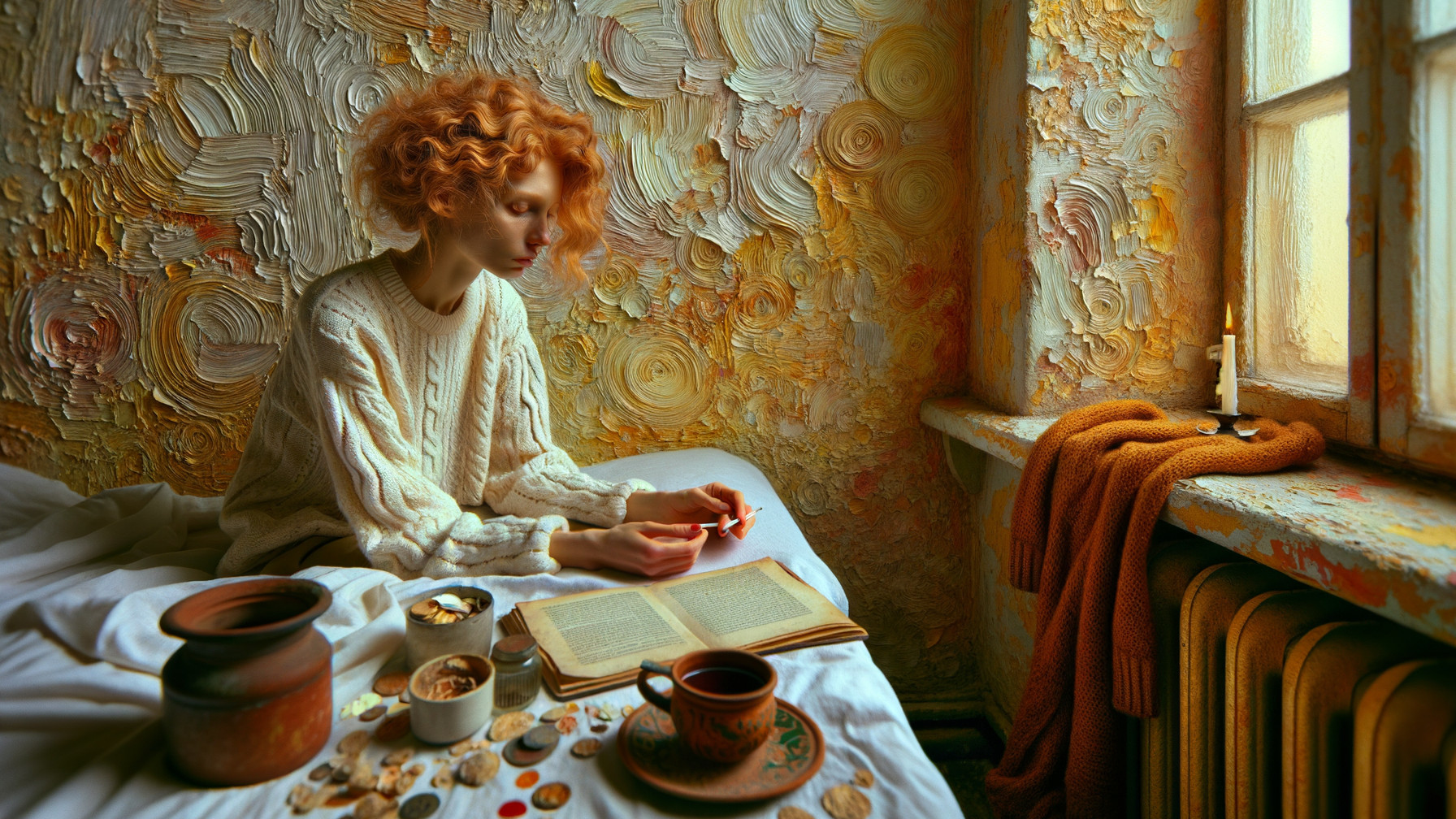 Woman with Curly Red Hair by Sunlit Window