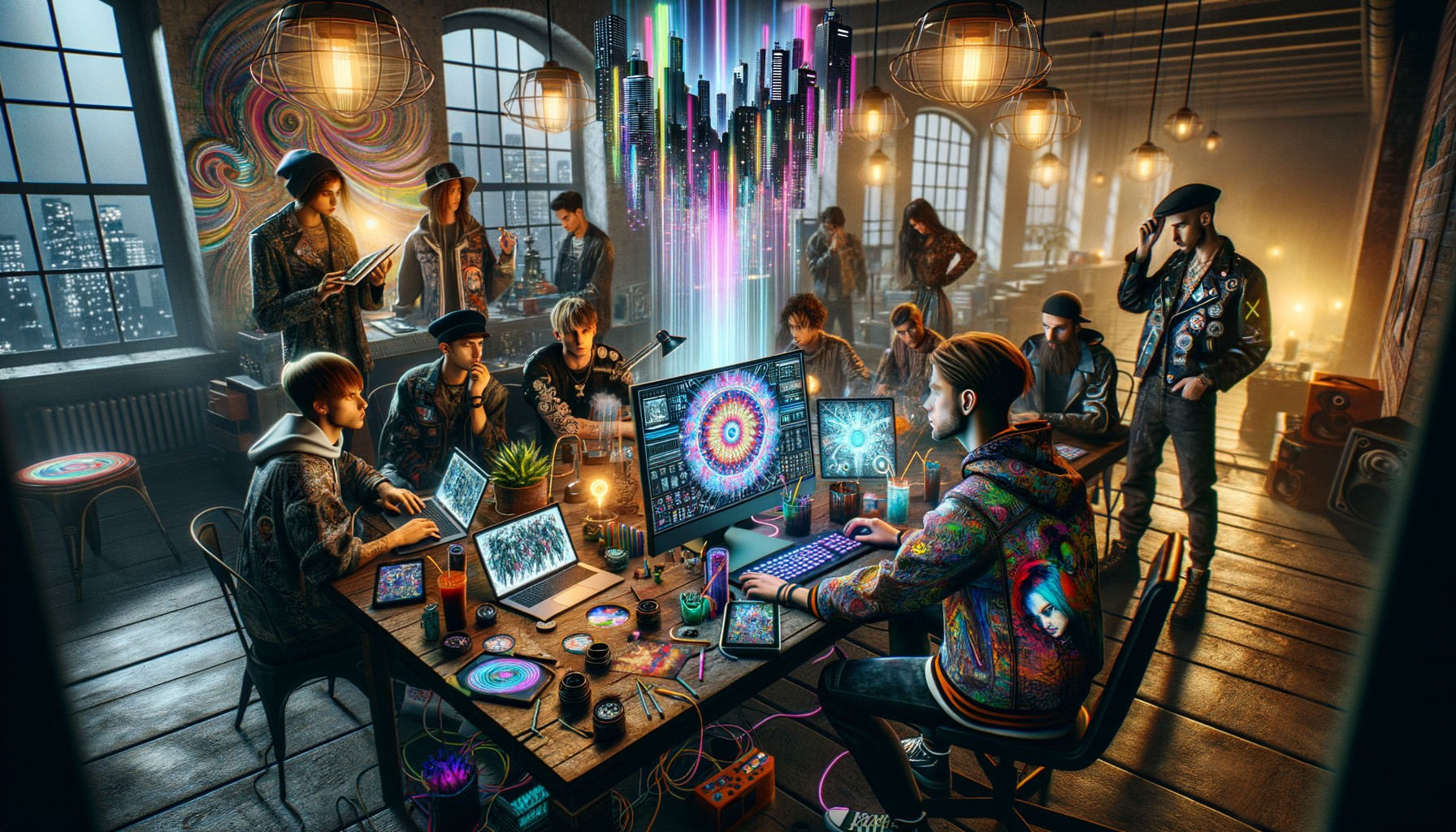 Futuristic Workspace with Diverse Collaboration and Decor