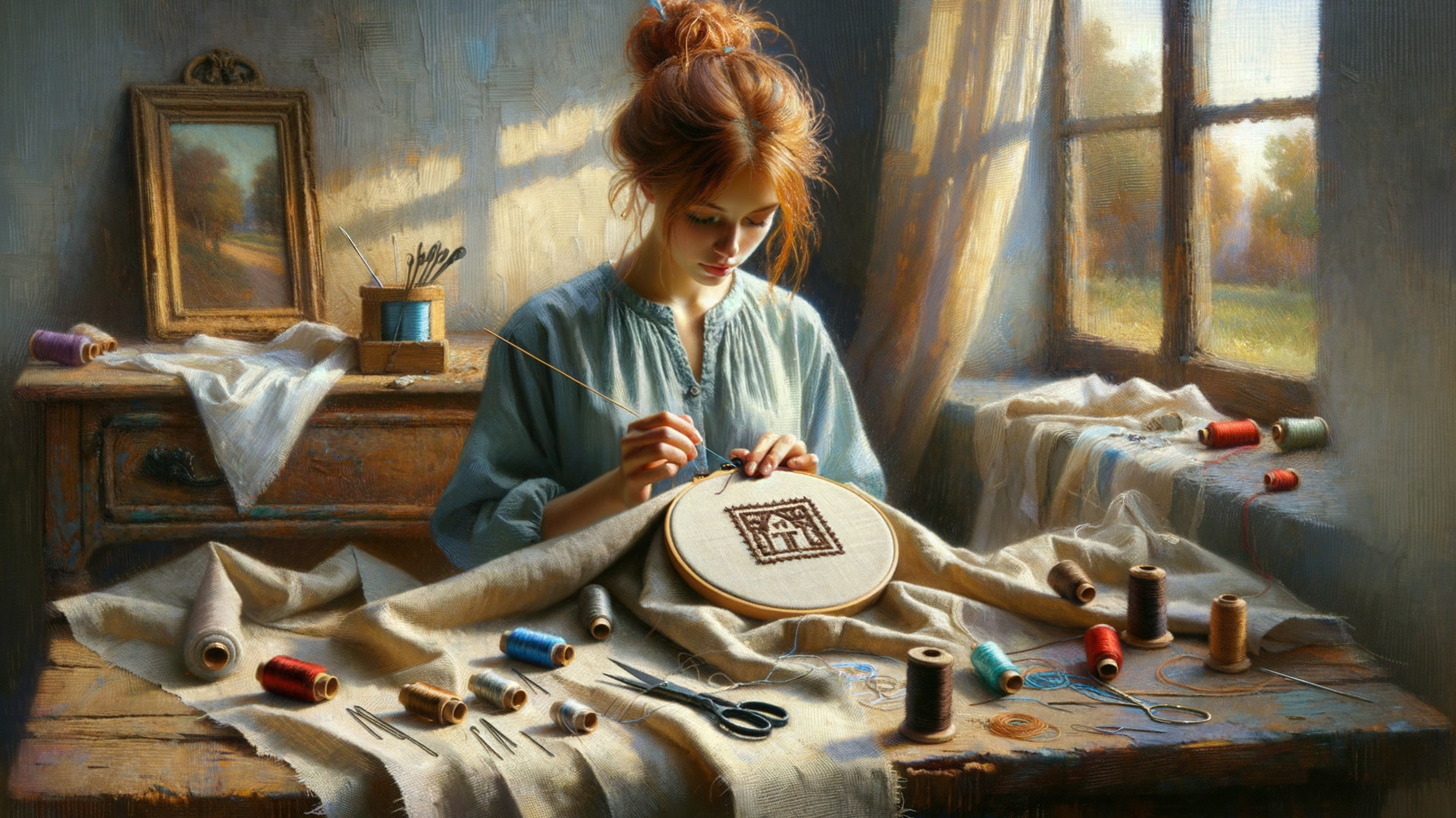 Young Woman Embroidering in a Sunlit Room