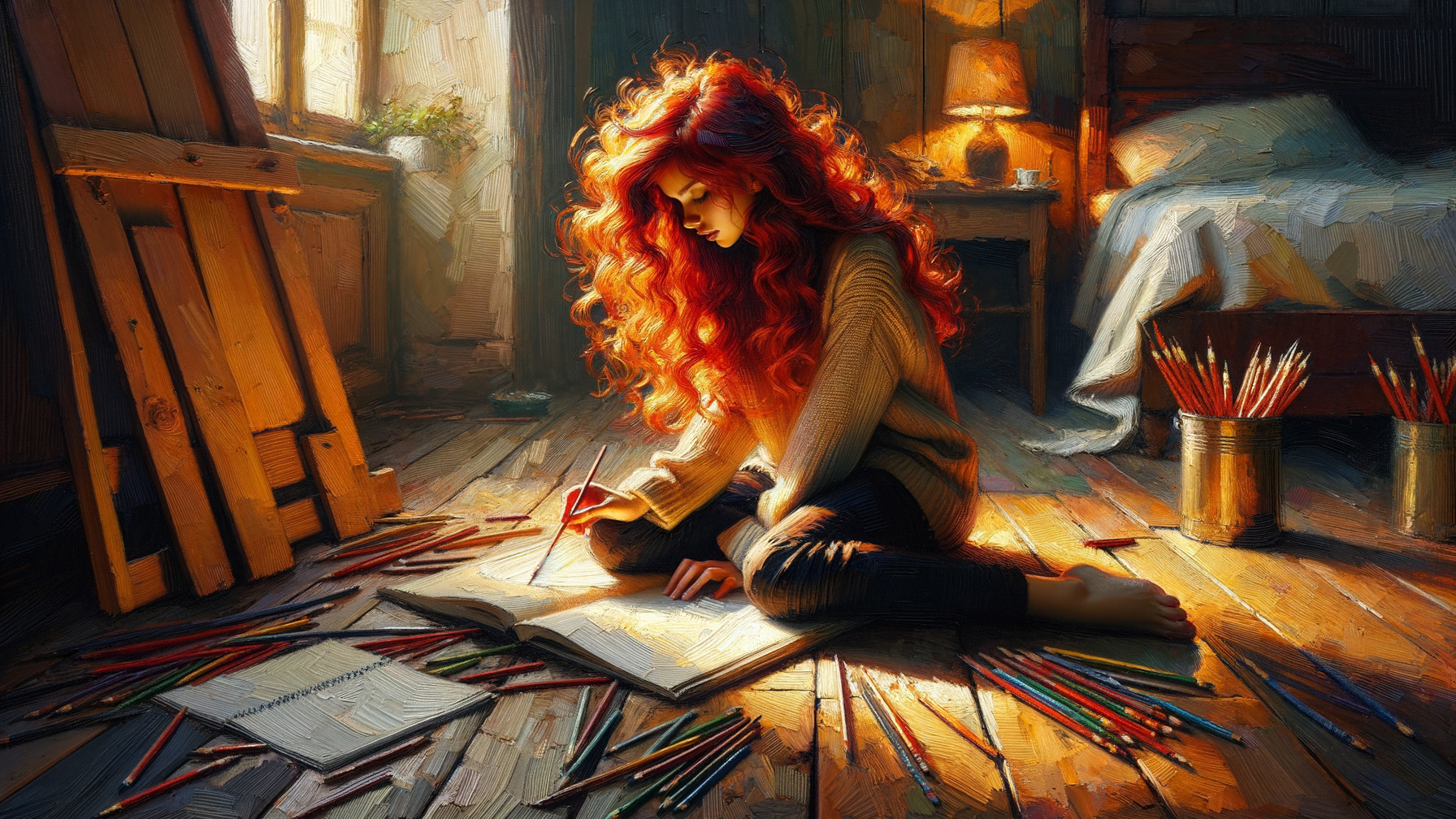 Young Woman Drawing in Cozy, Warm Room
