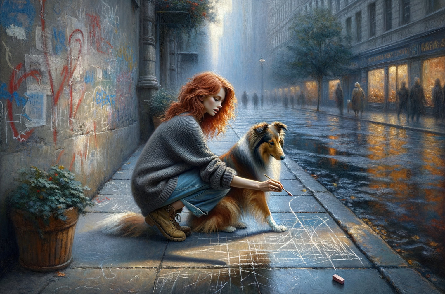 Young woman with red hair drawing on a rainy street