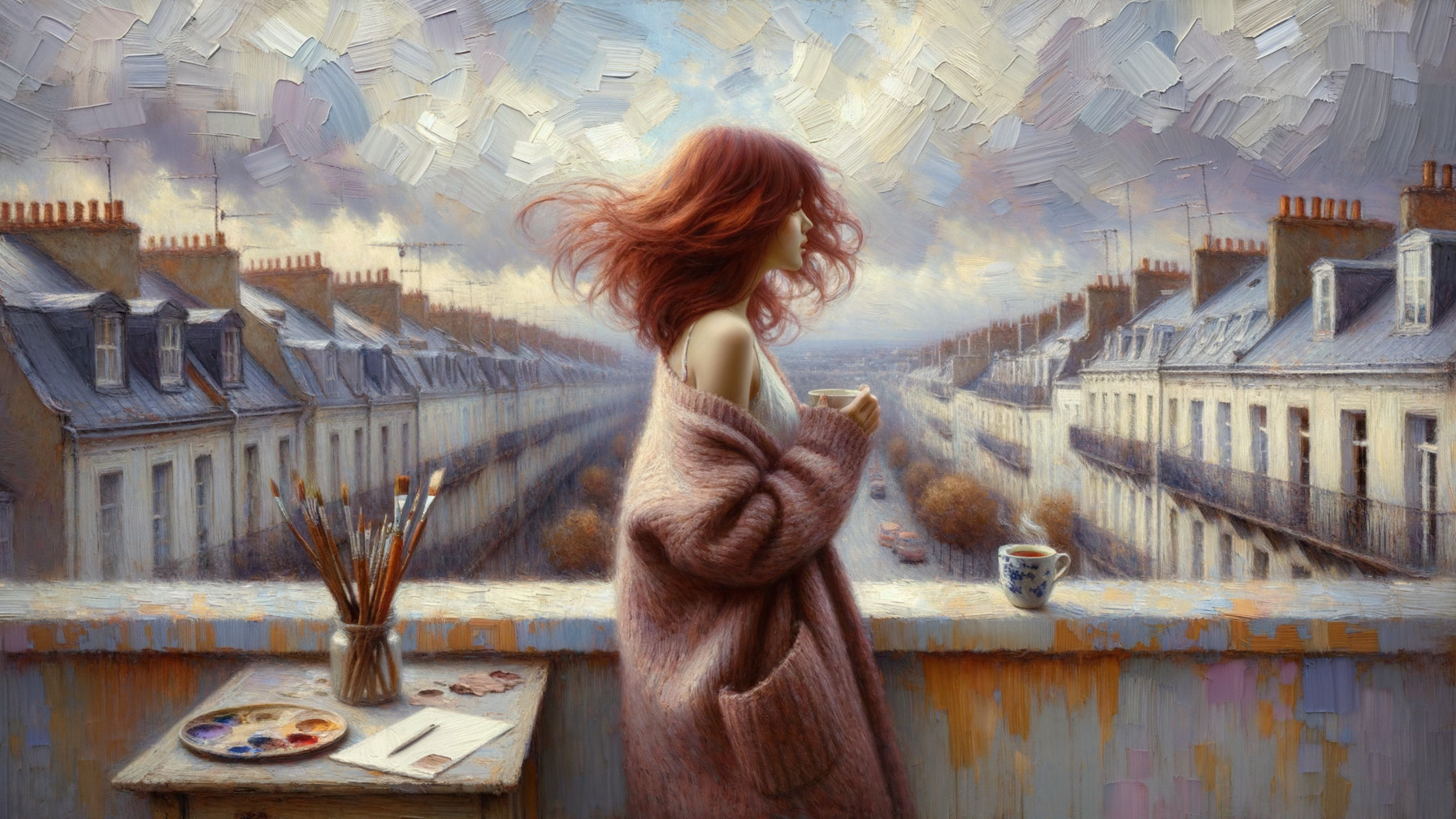 Cozy Balcony Scene with Woman and Artistic Elements