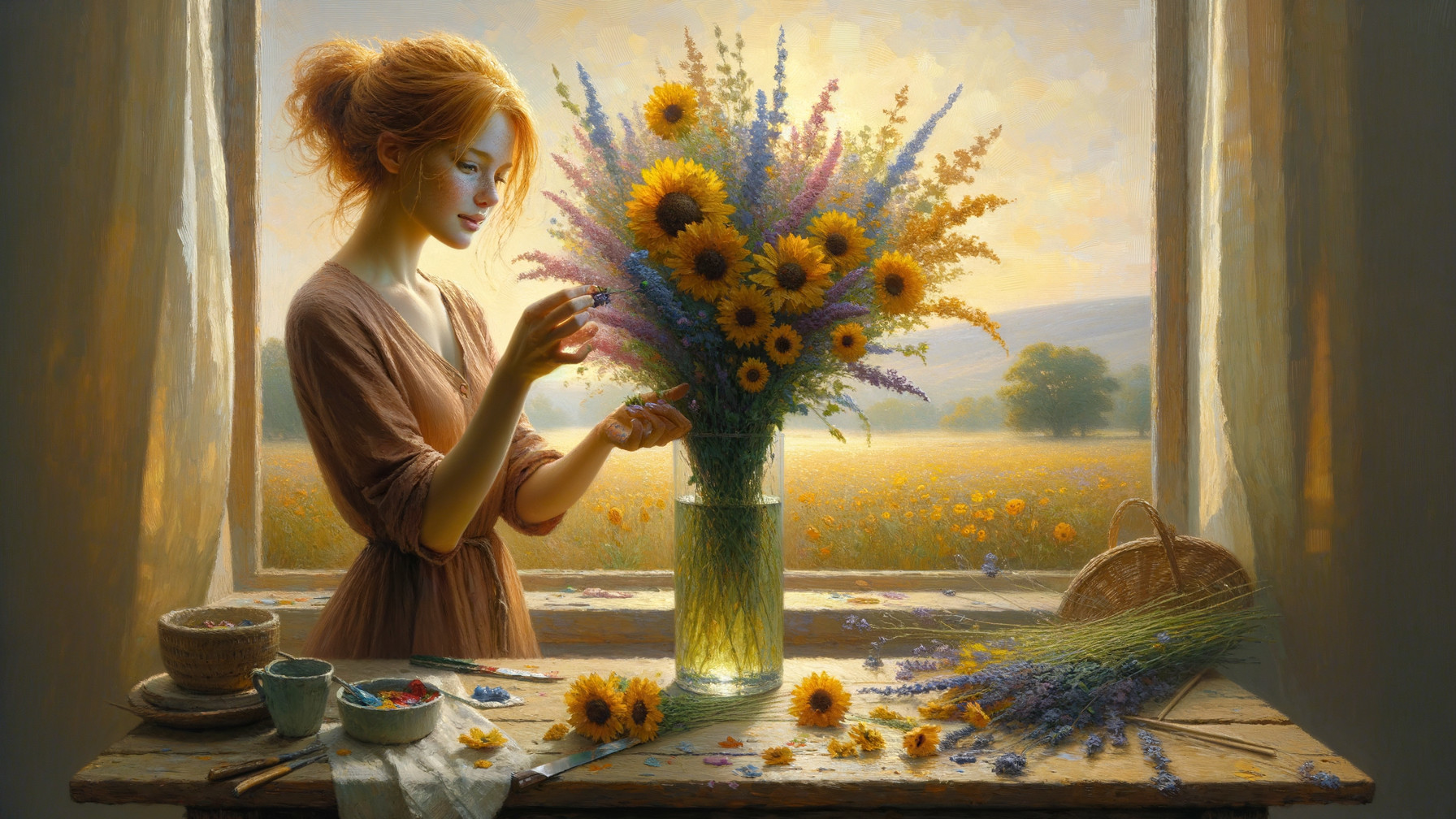 Young Woman Arranging Sunflowers in Sunlit Room