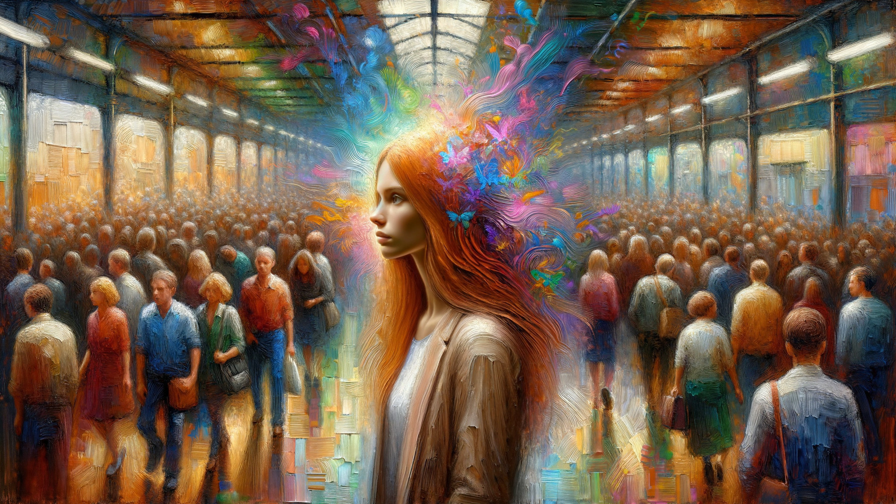 Woman with Orange Hair in Vibrant Abstract Crowd