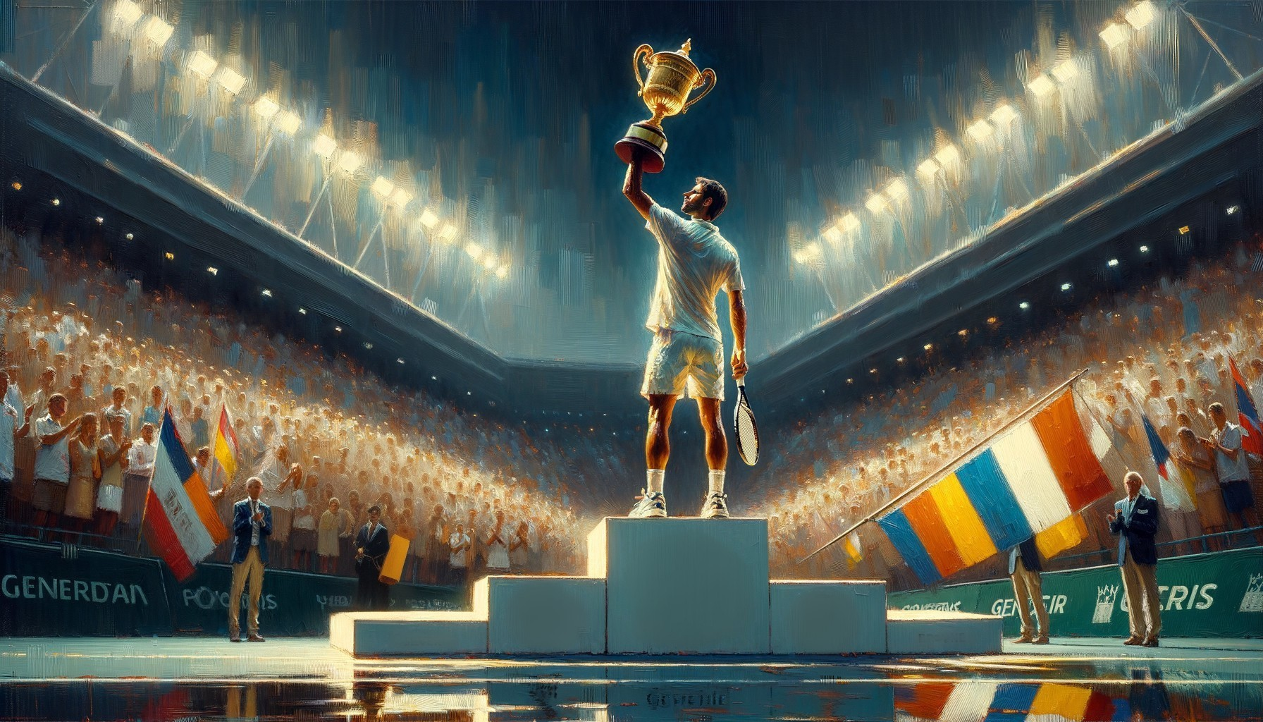 Tennis Player Celebrates Victory with Trophy on Podium