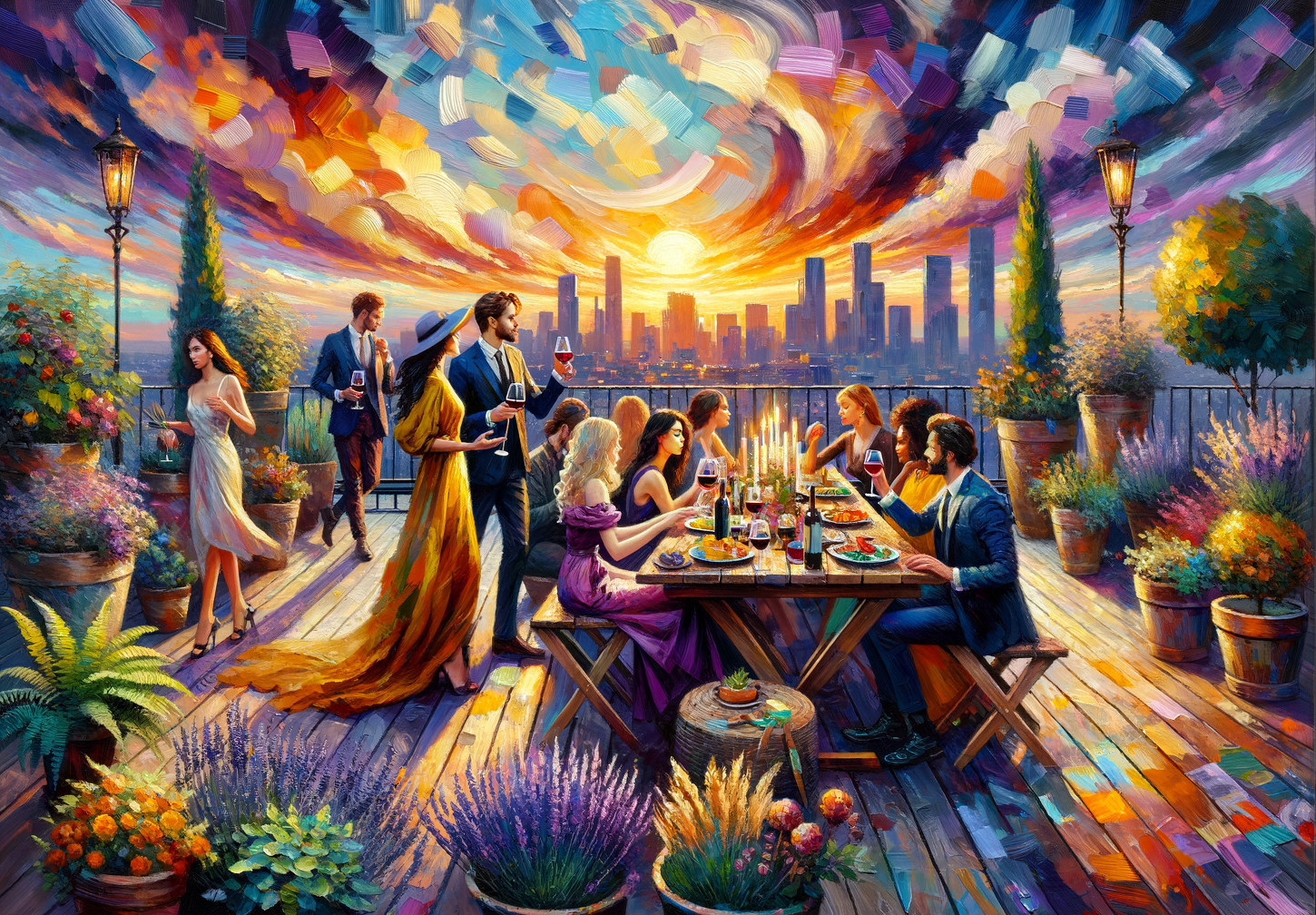 Rooftop Terrace Soirée at Sunset with City Skyline