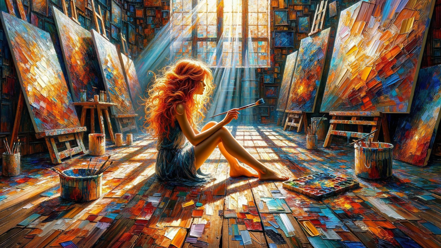 Young Woman in Art Studio Surrounded by Canvases