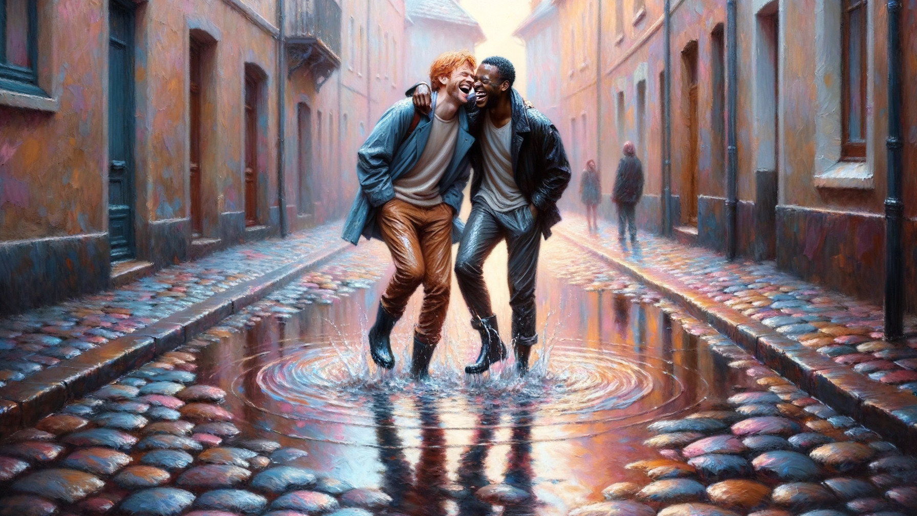 Joyful Friends Splashing in a Vibrant Rainy Street