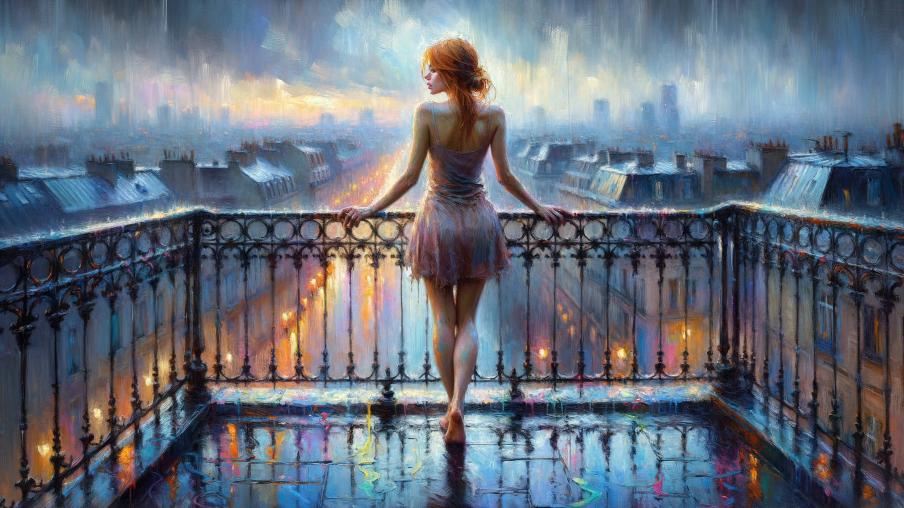 Vibrant cityscape with a woman on a rainy balcony