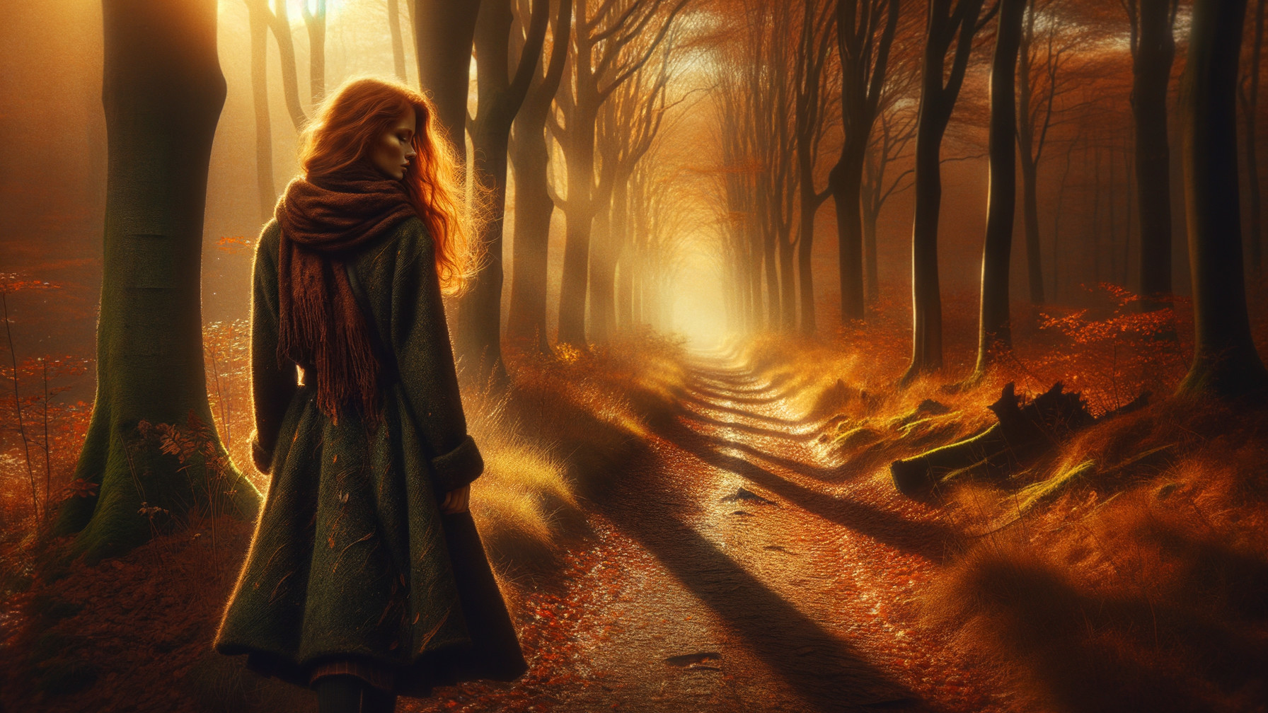 Solitary Figure in Enchanted Autumn Forest Path