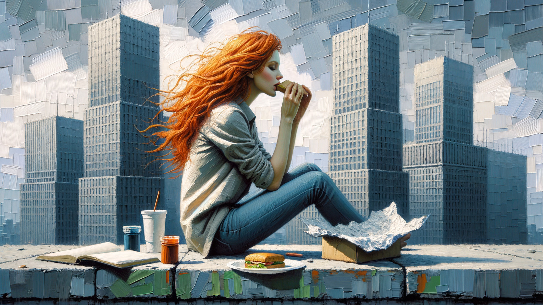 Young Woman with Burger Amidst Urban Skyscrapers