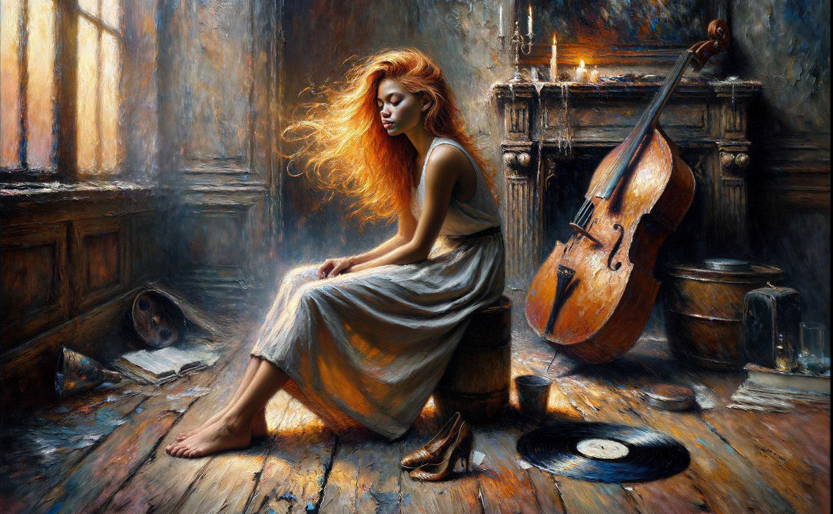Vintage Room with Woman, Cello, and Vinyl Records