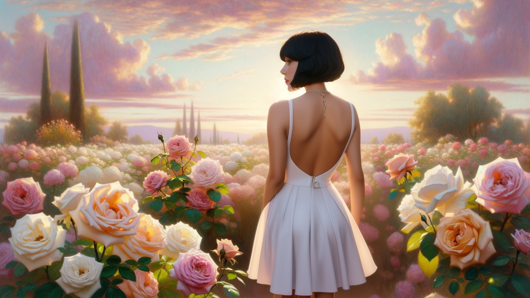 Serene Garden Landscape with Woman and Sunset Light