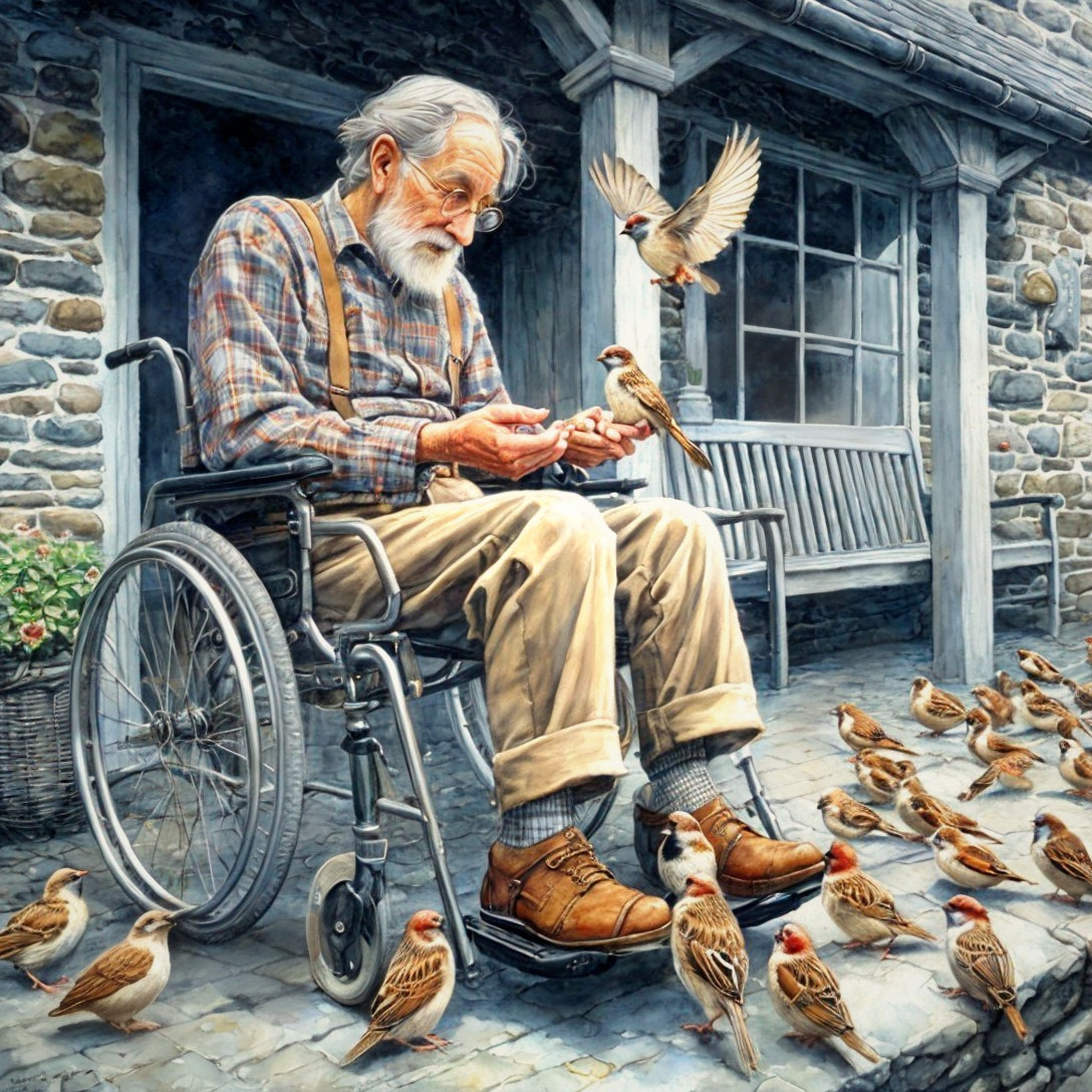 Elderly Man Feeding Sparrows on Cobblestone Patio