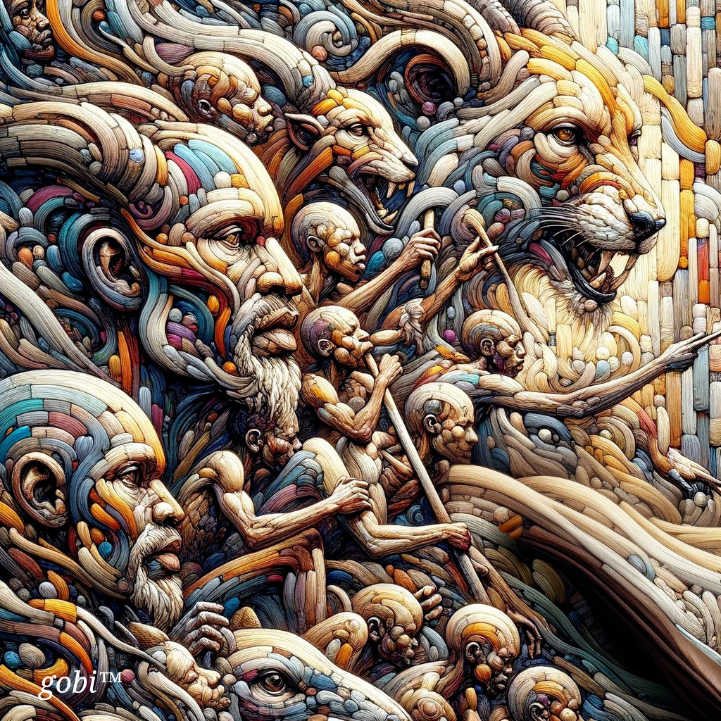 Vibrant Artwork of Figures and Animals in Harmony