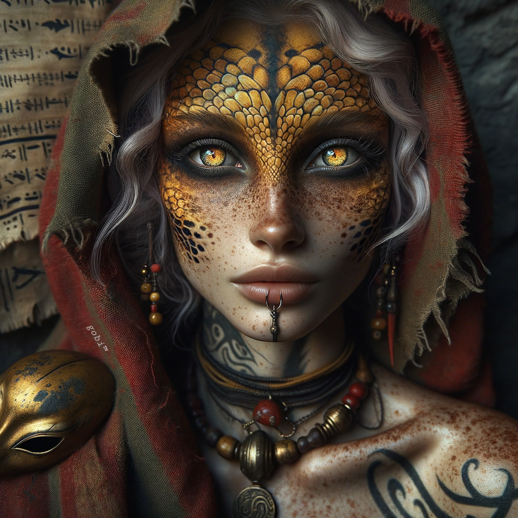 Mystical Figure with Dragon Scales and Tattoos