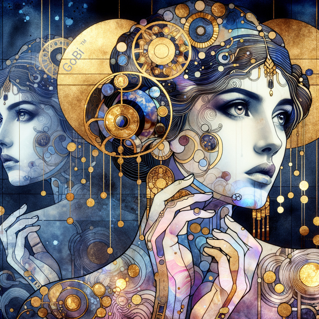 Intricate cosmic mural with woman and golden celestial motifs