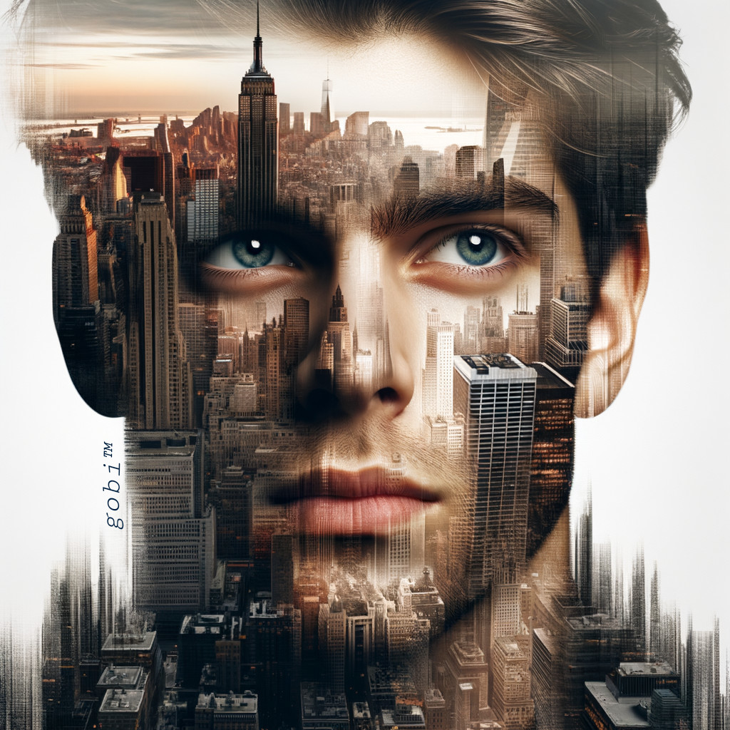 Double Exposure of Young Man and City Skyline