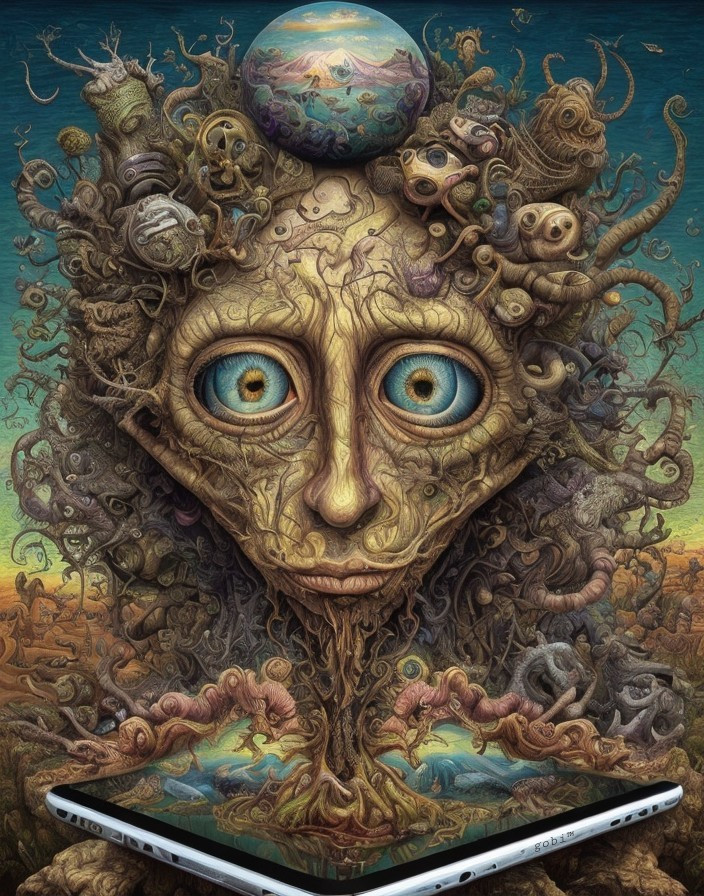 Surreal Figure with Organic Face and Tree Structure