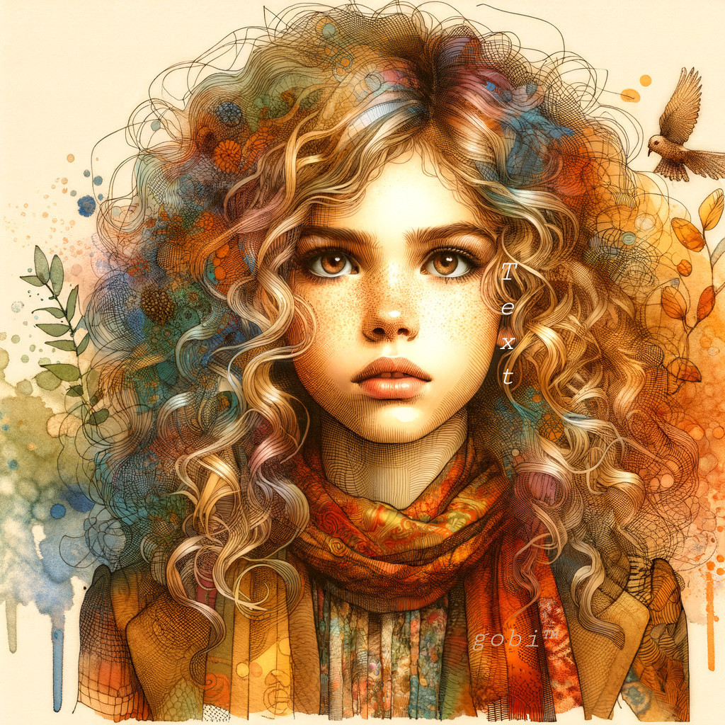 Young woman with curly hair and bird in colorful attire; whimsical watercolor illustration.