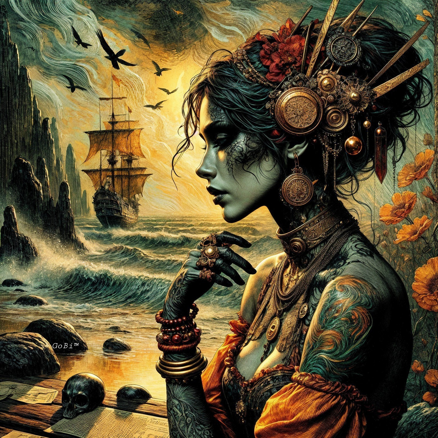 Mythical Woman with Tattoos and Jewelry by the Sea