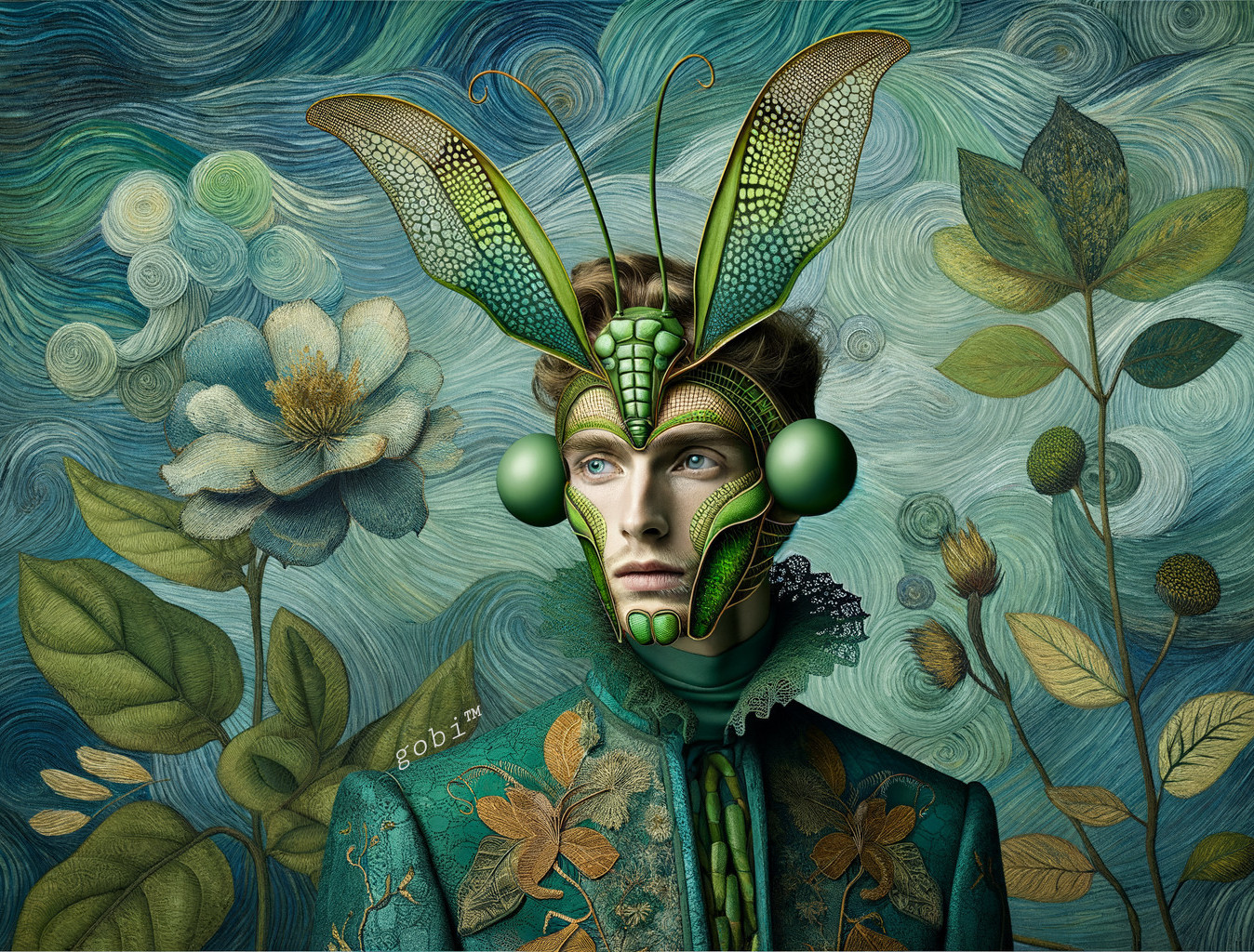 Surreal Portrait with Insect-Inspired Headpiece and Nature Themes