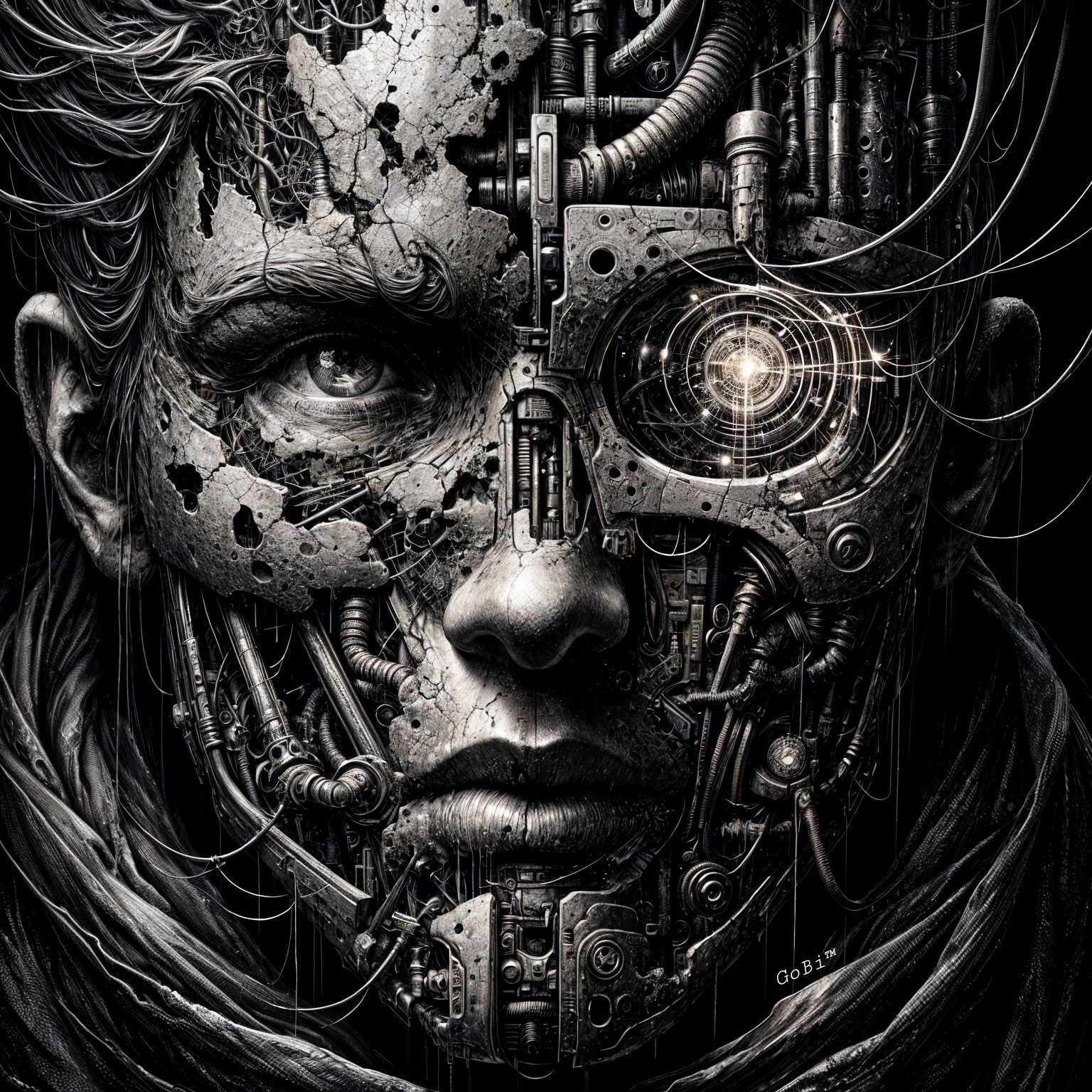 Fusion of Human and Cybernetic Face with Machinery