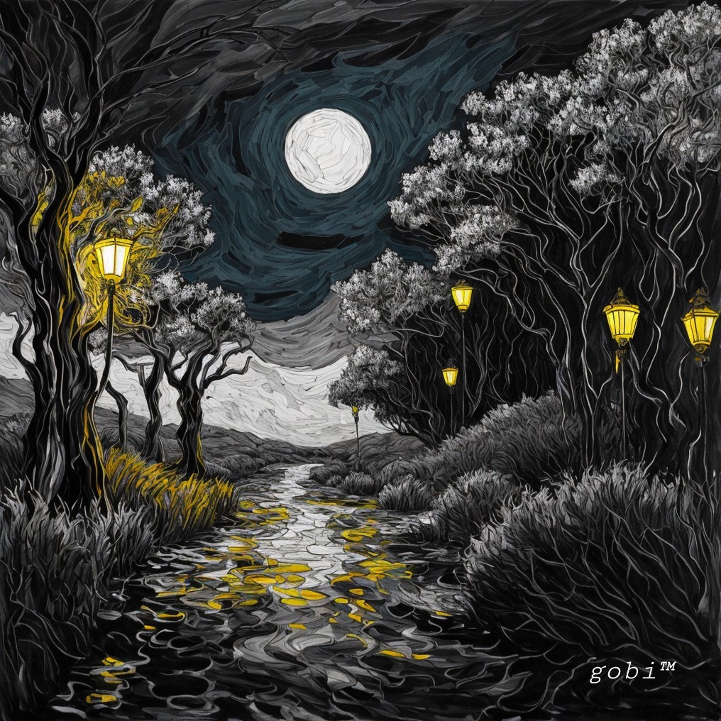 Nocturnal landscape with full moon and white foliage