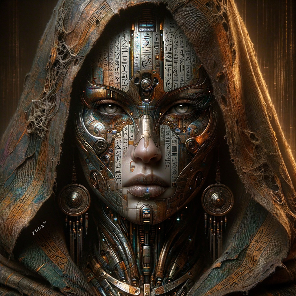 Futuristic humanoid figure with Egyptian hieroglyphics