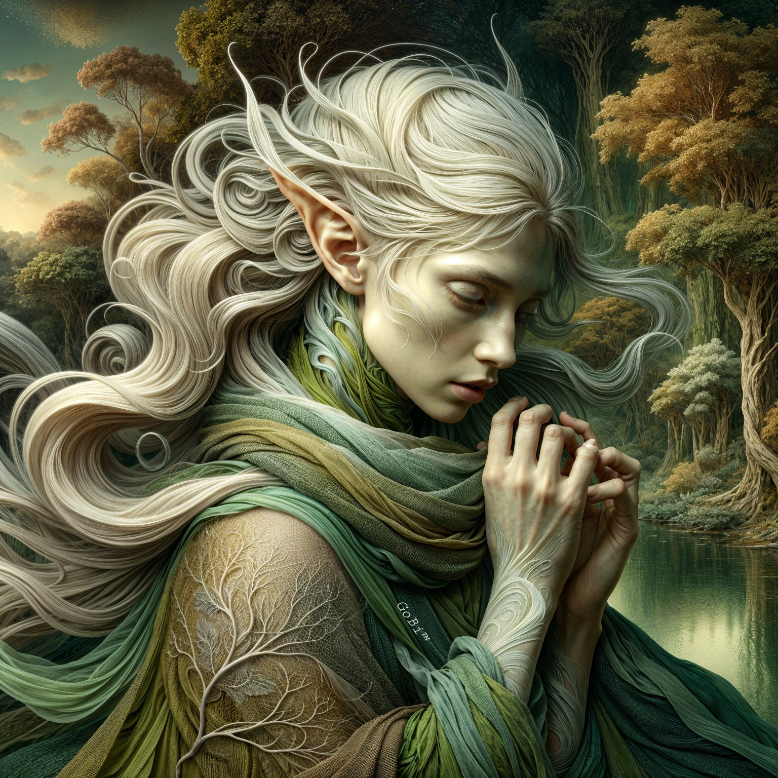 Serene figure in enchanted forest with elegant features