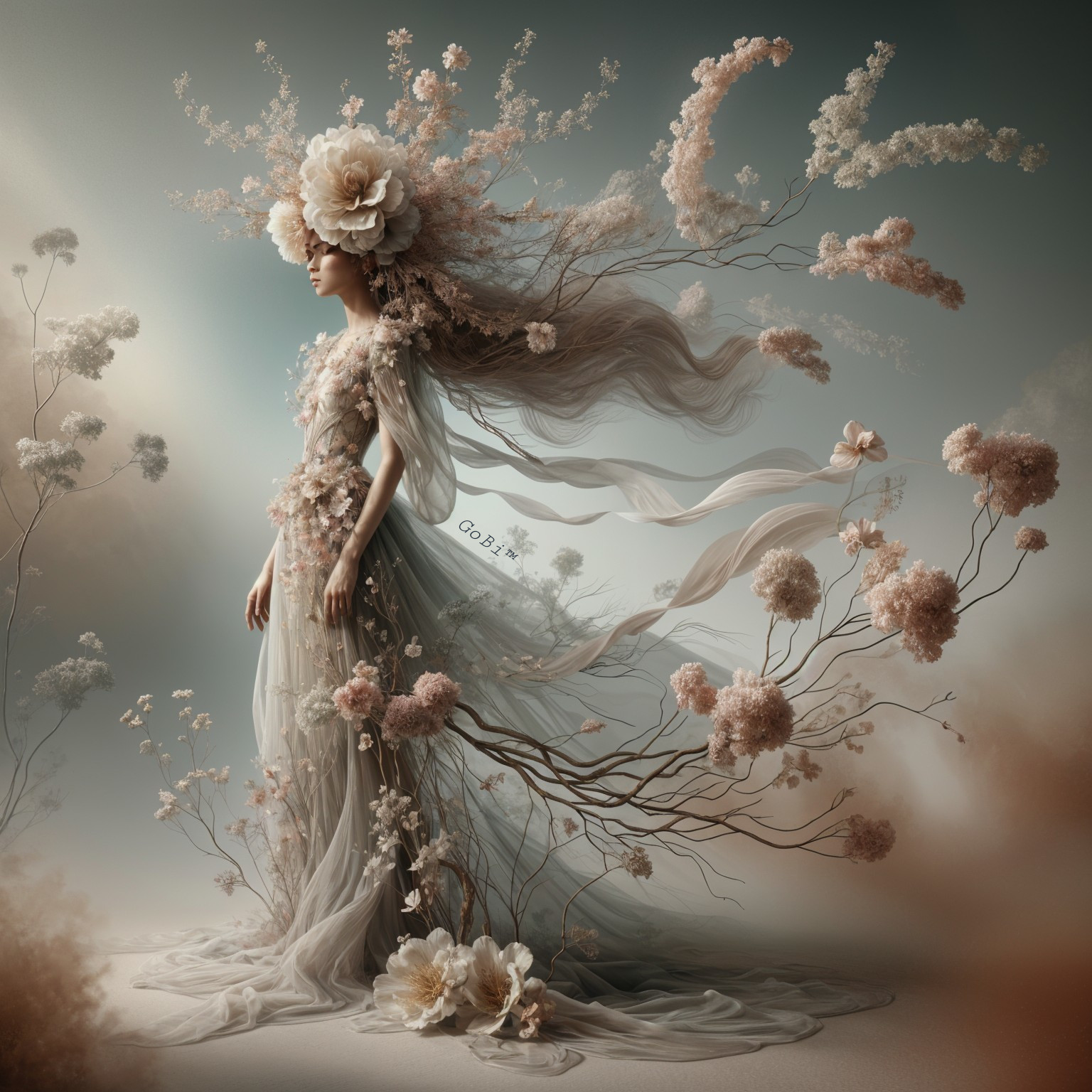 Serene Figure in Ethereal Gown with Floral Accents
