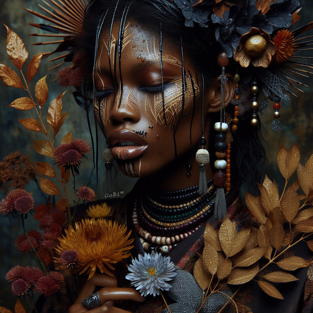 Woman with Body Art and Bold Makeup in Autumn Setting