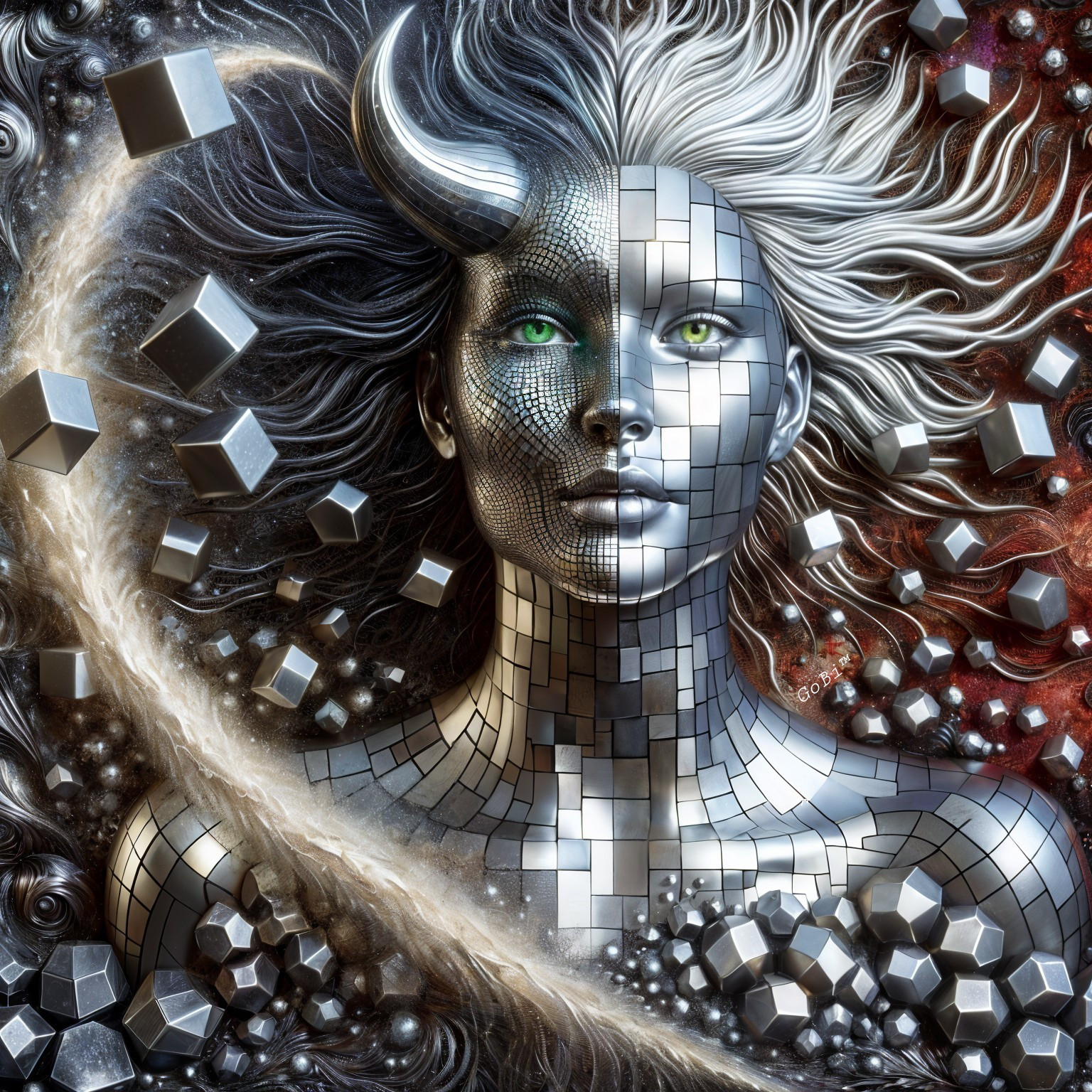 Futuristic Androgynous Figure with Cosmic Background