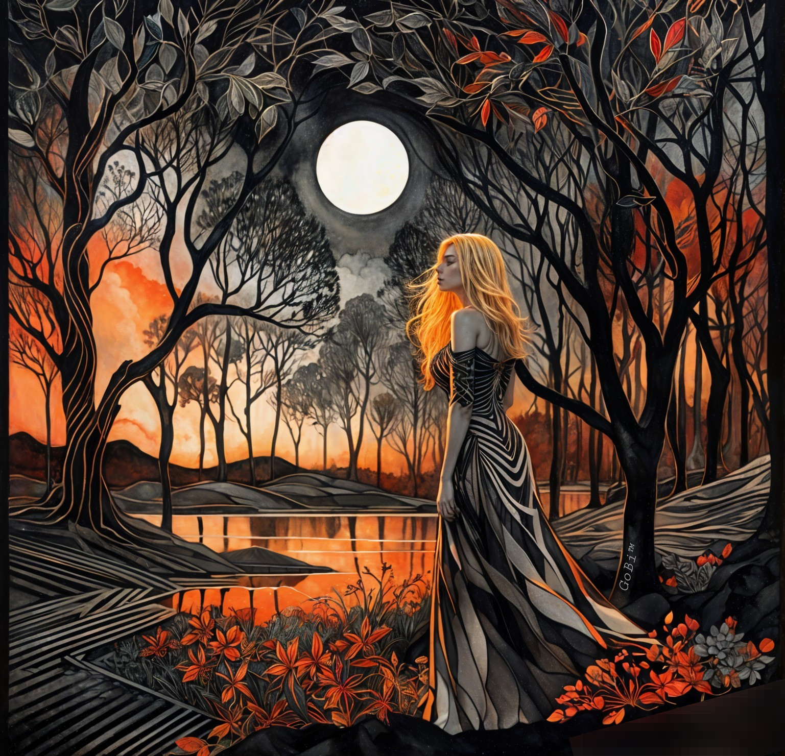 Serene Woman by Moonlit Lake in Striped Gown