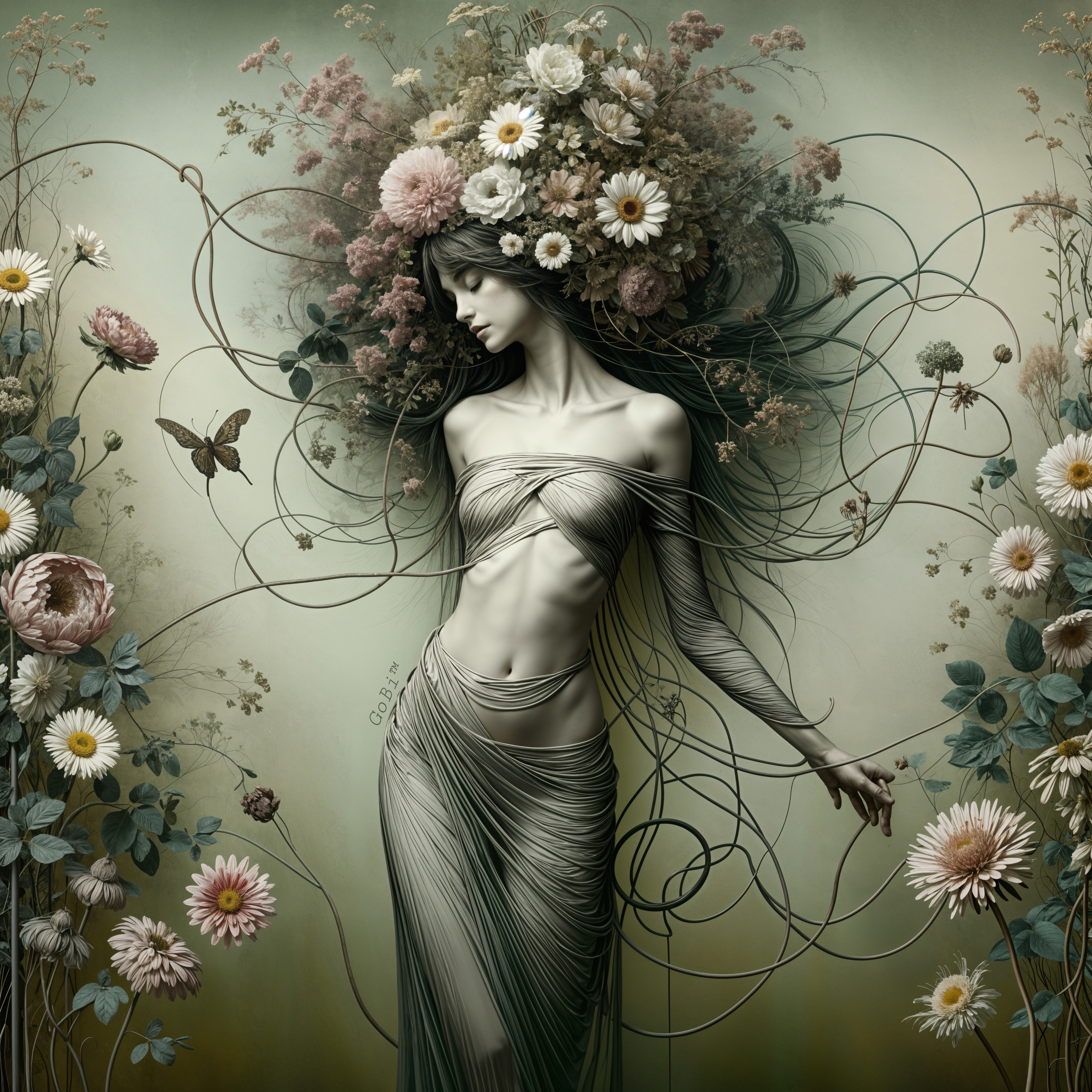Ethereal Landscape with Floral Crown and Butterfly