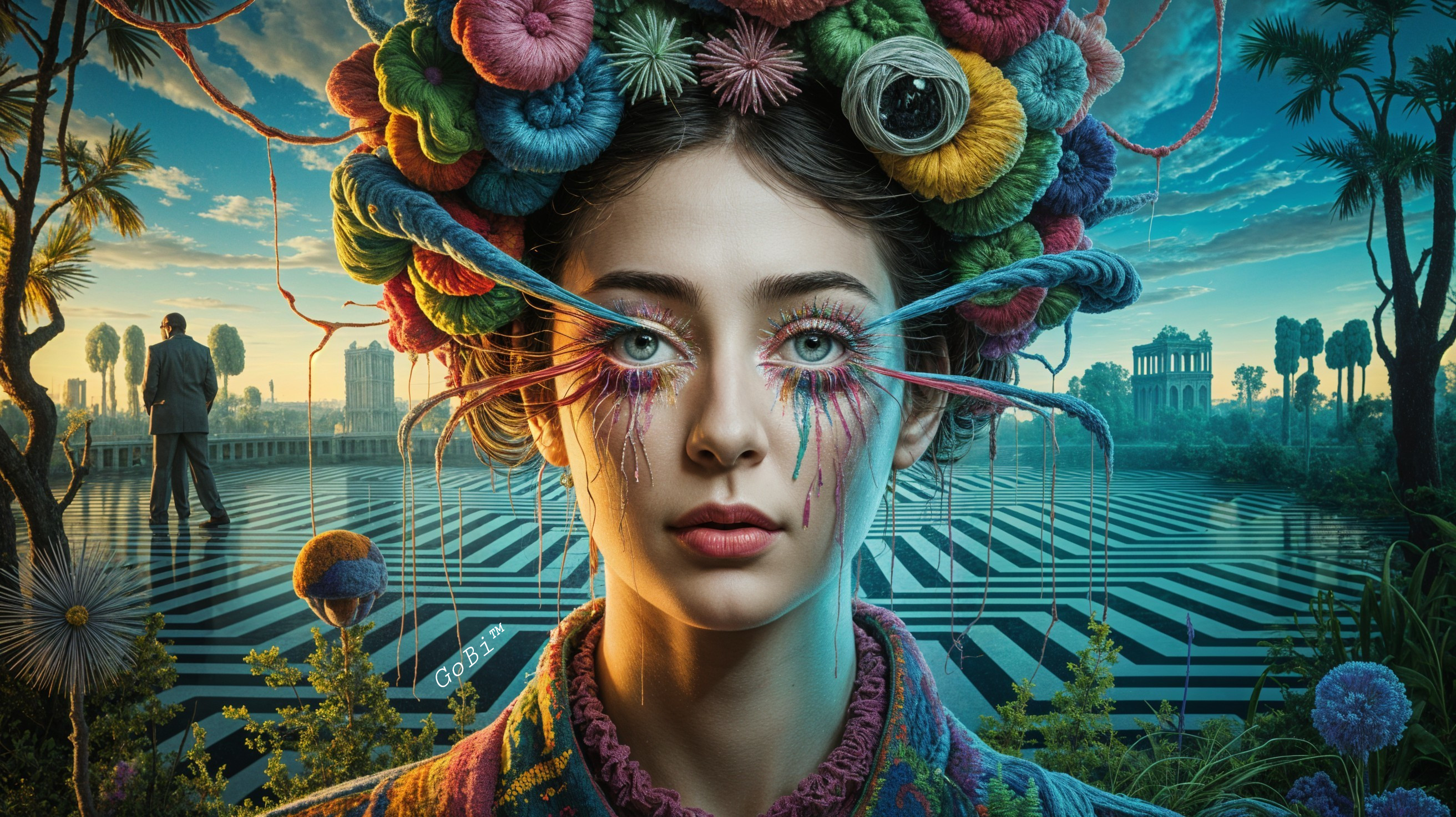Young Woman with Colorful Hairstyle and Surreal Makeup