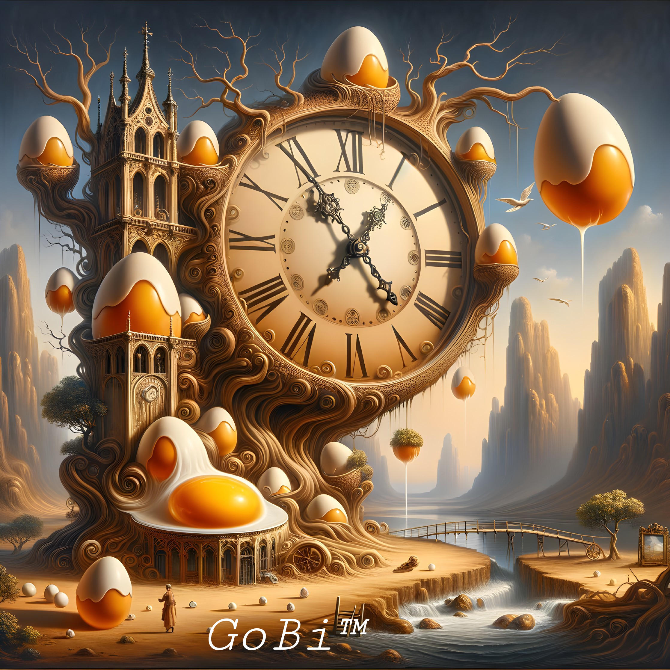 Surreal artwork: Giant clock, castle, orbs, egg-shaped trees on rocks