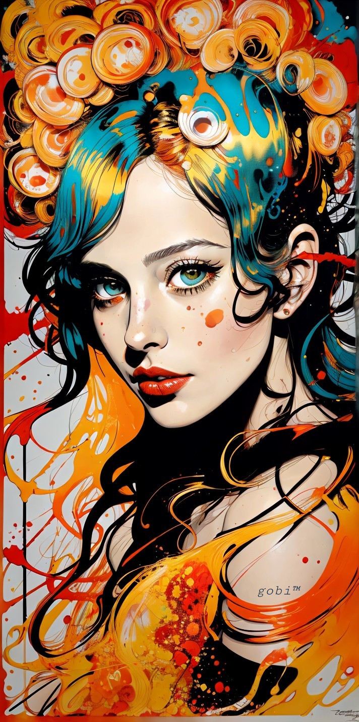 Vibrant Art of Woman with Flowing Orange and Blue Hair