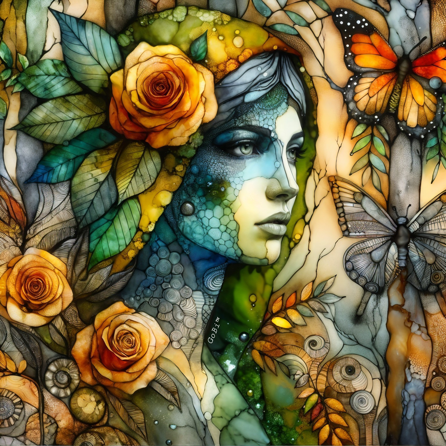 Vibrant Portrait of a Woman with Roses and Butterflies